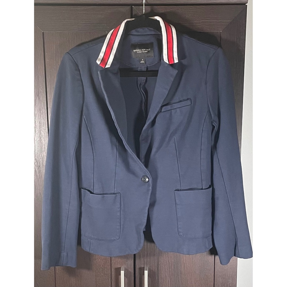 Banana Republic Navy Blue Classic Blazer Striped Knit Collar Size 4 Ponte Knit